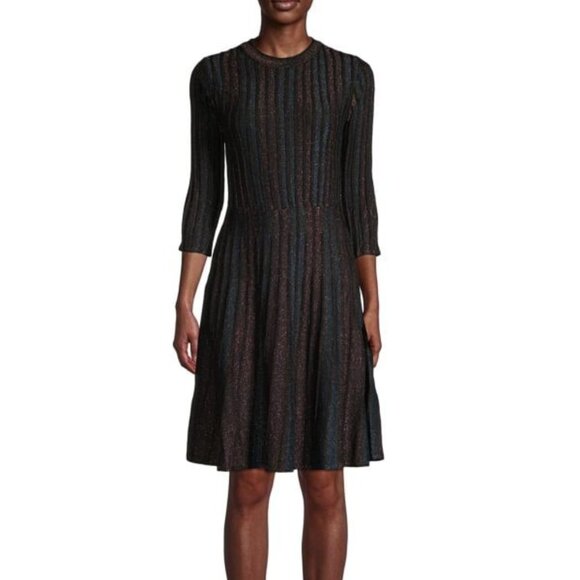 Nanette Lepore Metallic Fit Flare Dress Womens Medium Black Striped 3/4 Sleeve - Picture 1 of 15